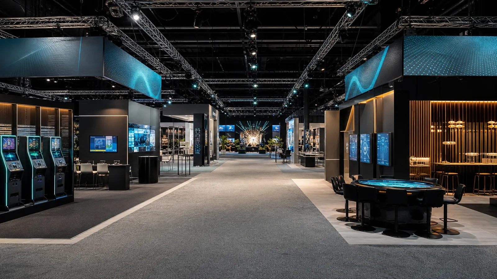 Wide central aisle at a contemporary casino technology exhibition